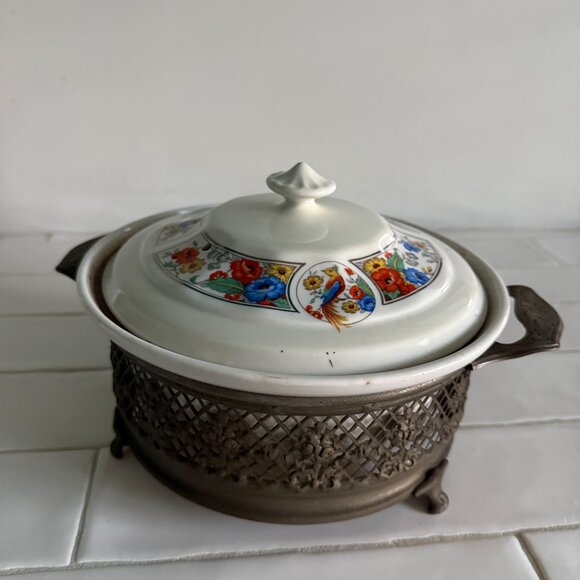Original The Hall China Co. Hot Dish with Silver Holder - Picture 5 of 6